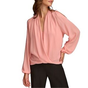 Donna Karan Womens Top Size XL Pink Cold Shoulder Faux Wrap Blouse New